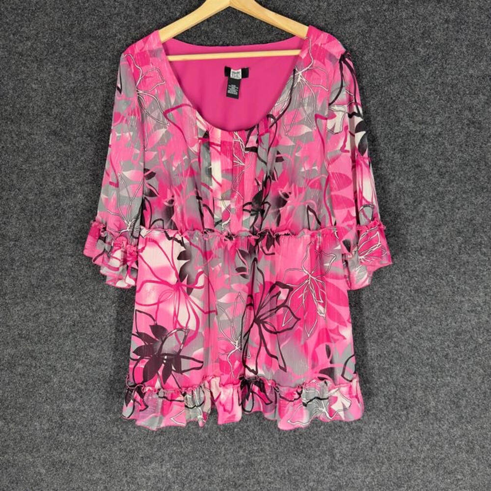 Studio Blouse Women 18/20W Plus Pink Floral 3/4 Sleeve Round Neck Lined Casual